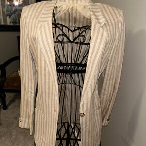 Vintage Linen Tailored/Fitted  Pin-Striped Tan Blazer W/Shoulder Pads. XS